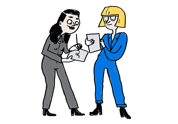 Illustration of two women comparing notes.