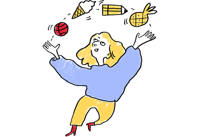 Illustration of a woman juggling objects like a circus performer.