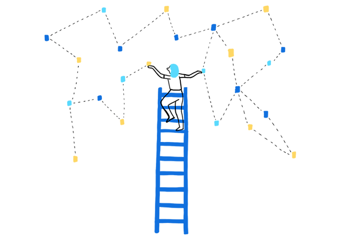 Illustration of a person standing on a ladder connecting two of many points.