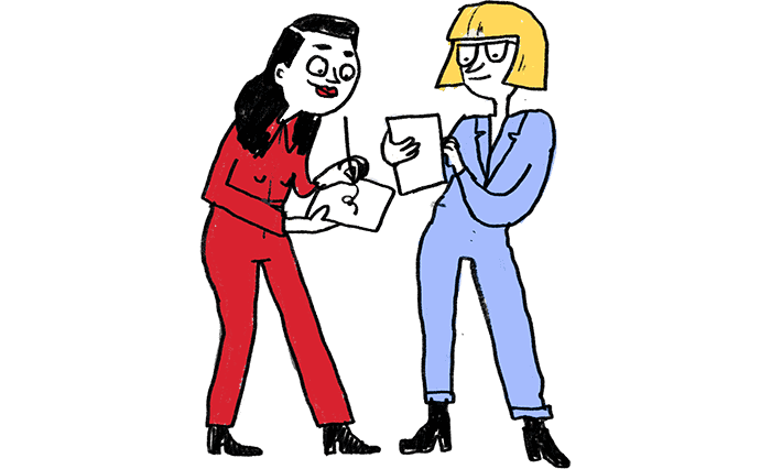 Illustration of two women writing on a paper.