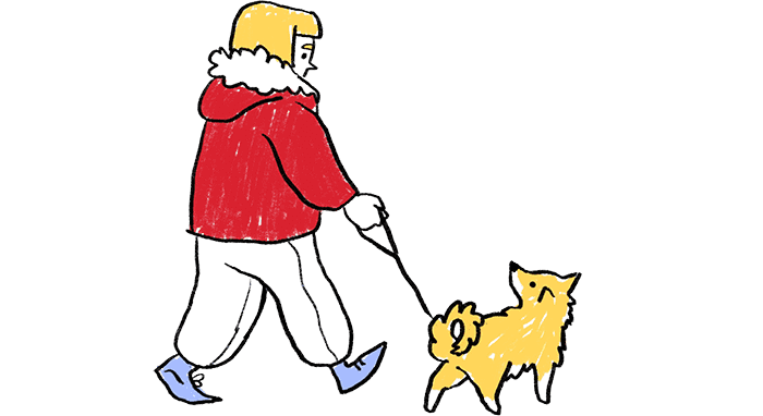 Illustration of a girl walking a dog on a leash.