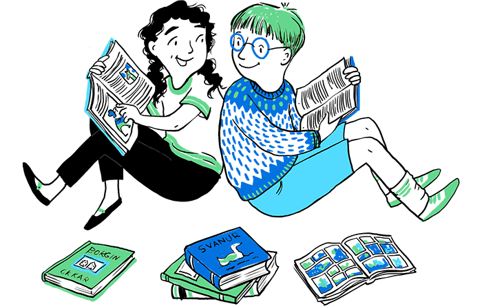 Illustration of two kids reading books.