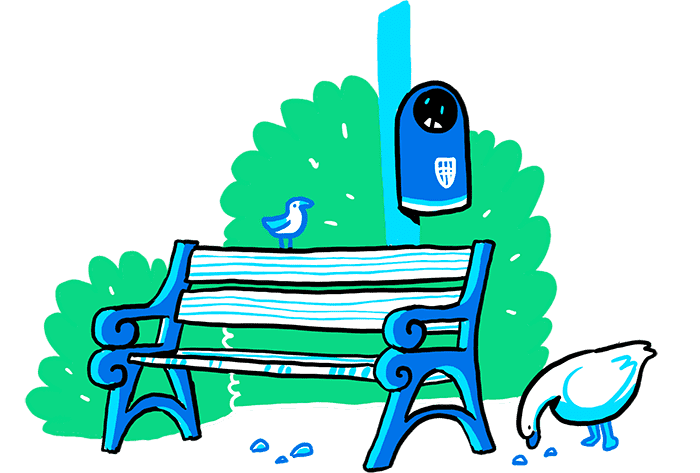 Illustration of a bench and a trash can on a post.