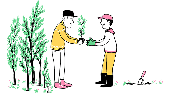 Illustration of a person handing a child a tree to plant.