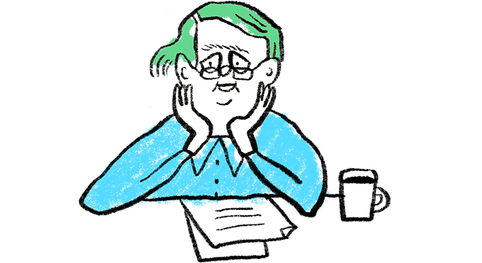 Illustration of an older person reading from a paper.