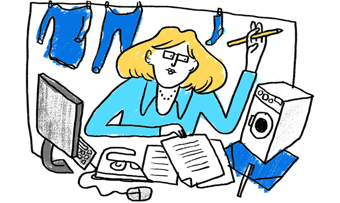 Illustration of a woman sitting with a pen and paper in hand. Around her are laundry, an iron, a computer and a washing machine.