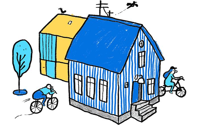 Illustration of houses and a person on a bicycle