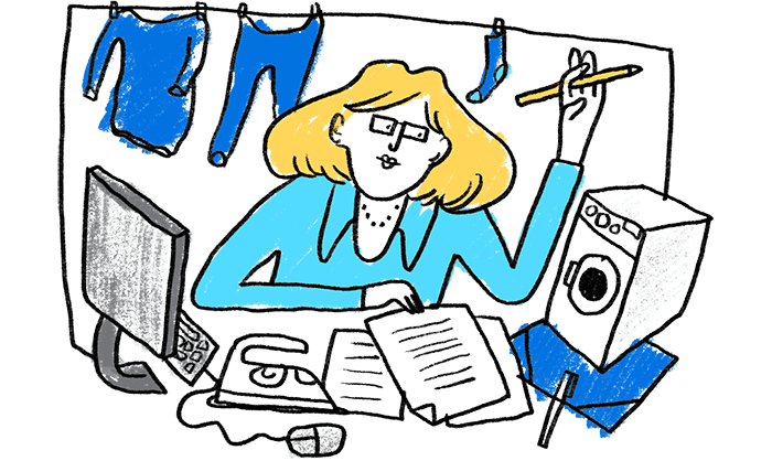 Illustration of a woman at a desk with multiple projects in progress.