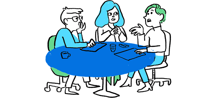 Illustration of people talking together and working at a desk.