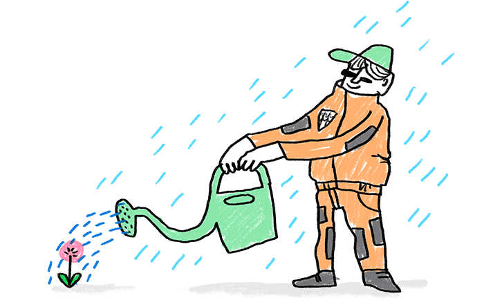 Illustration of a teenager watering flowers.