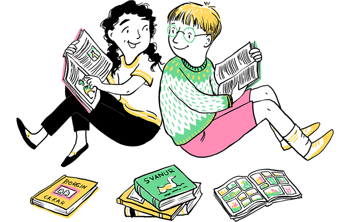 Illustration of two children sitting on the floor reading.
