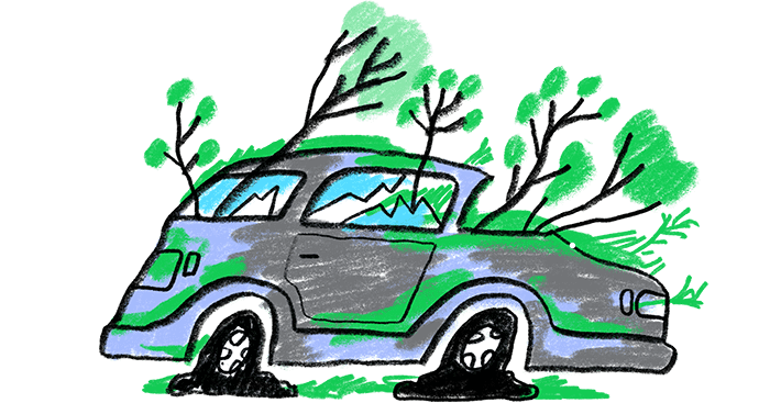 Illustration of a junker car and vegetation.