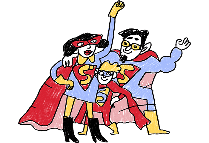 Illustration of a family dressed in superhero costumes.