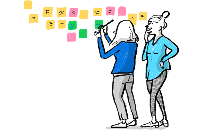 Illustration of two people writing on post-it notes on a wall.