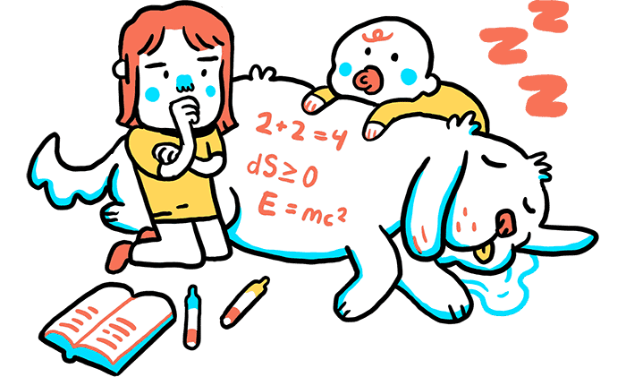 Illustration of a child solving math problems on their dog while a baby watches.