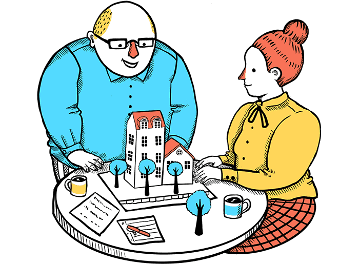 Illustration of people examining a neighborhood model.