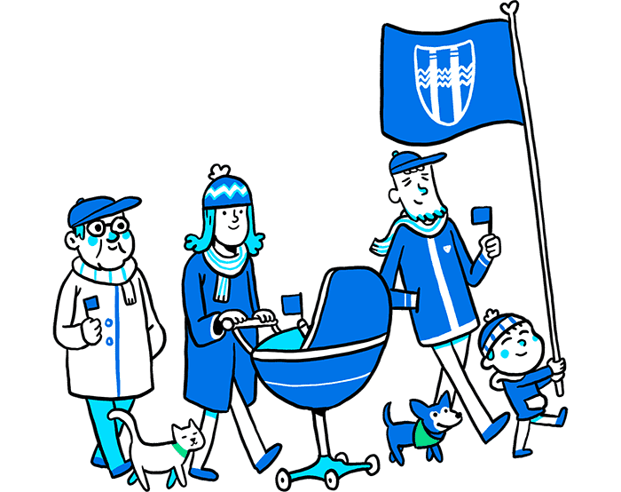 Illustration of people walking with small flags and one large flag bearing the Reykjavík City logo.