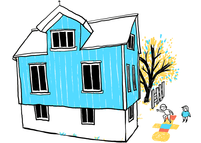 Illustration of a house and a child playing hopscotch outside.