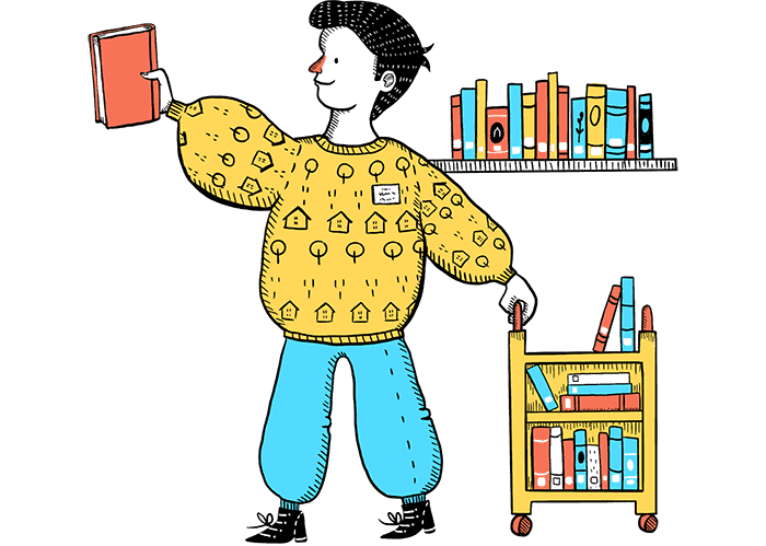 Illustration of a library employee arranging books on shelves.