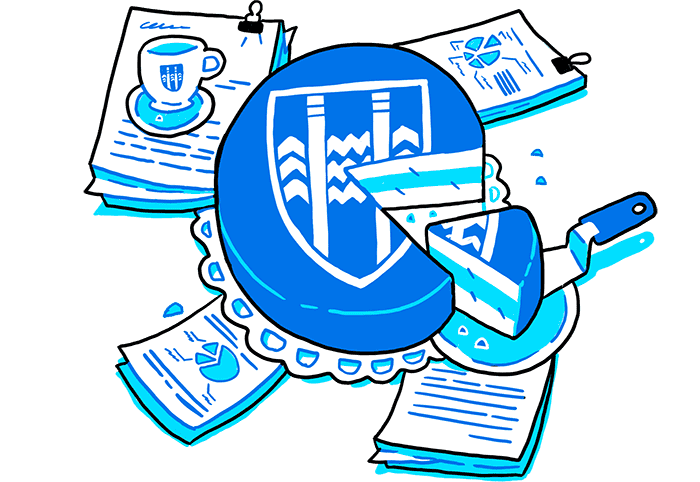 Illustration of a cake with the Reykjavík City logo, a cake slice and napkins.