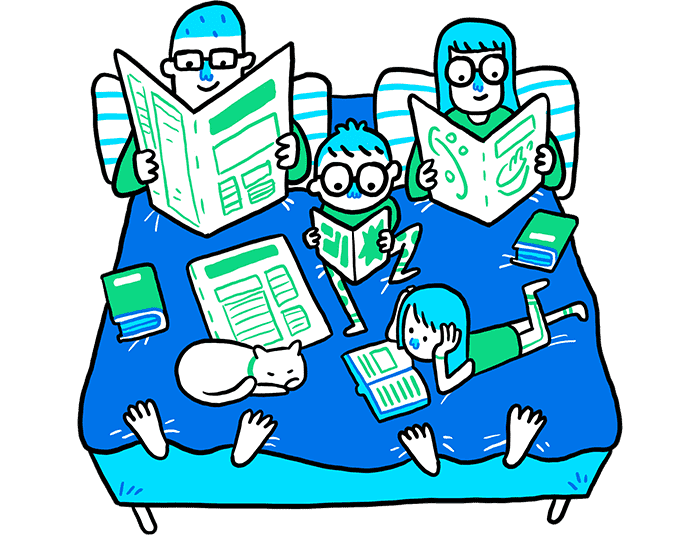 Illustration of a family reading together on a bed.