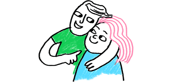 Illustration of a person hugging another person.