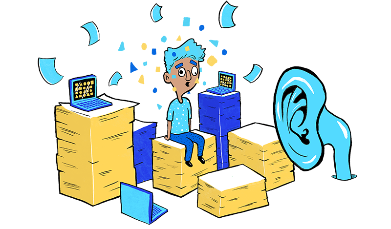 Illustration of a broken man on a stack of paper.