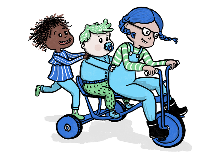 Illustration of three children on tricycles at preschool.