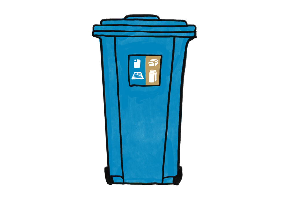 Illustration of a blue bin for paper waste.
