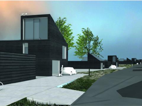 Illustration of a house, streets, and trees.