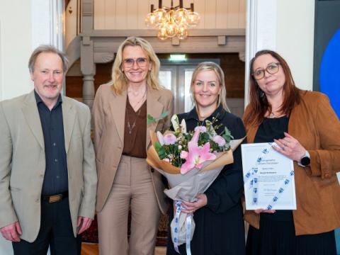 At the presentation of the Gunnar Thoroddsen Memorial Fund grant at Höfði. From left, Gunnlaugur Briem, representing the memorial fund, Heiða Björg Hilmisdóttir, mayor, Rut Sigurðardóttir and Guðbjörg F. Halldórsdóttir representing Bergið Headspace