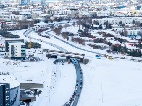 aerial view of buildings and road