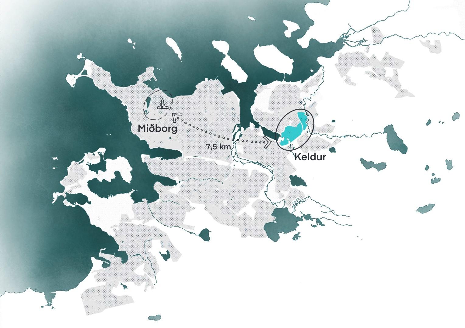 Map showing Reykjavík and the distance from Keldur to the city center