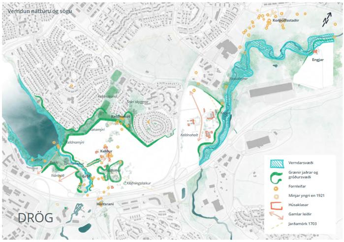 Map showing nature and historical protection areas in Keldnaland.