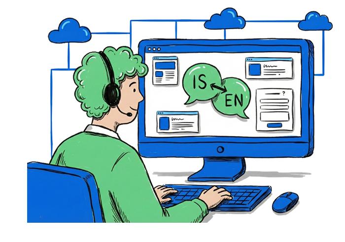 Illustrated image. A person with green hair and green clothing sits at a computer displaying content about translations between English and Icelandic. Blue is the dominant color.