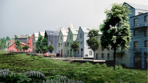 Illustration of houses and vegetation