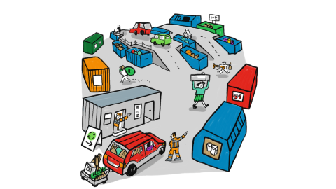 Illustration of cars and containers at a recycling center.